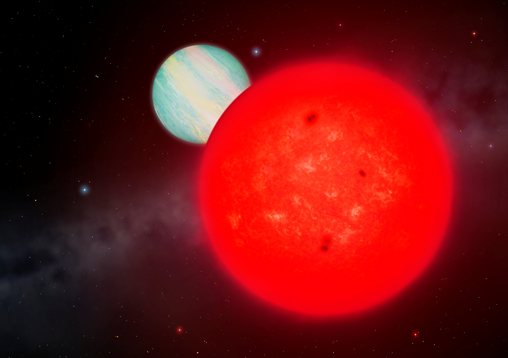 Impression d'artiste de la planète géante récemment découverte, TOI-6894 b, en orbite autour d'une étoile hôte de 0,2 masse solaire. © University of Warwick, Mark Garlick